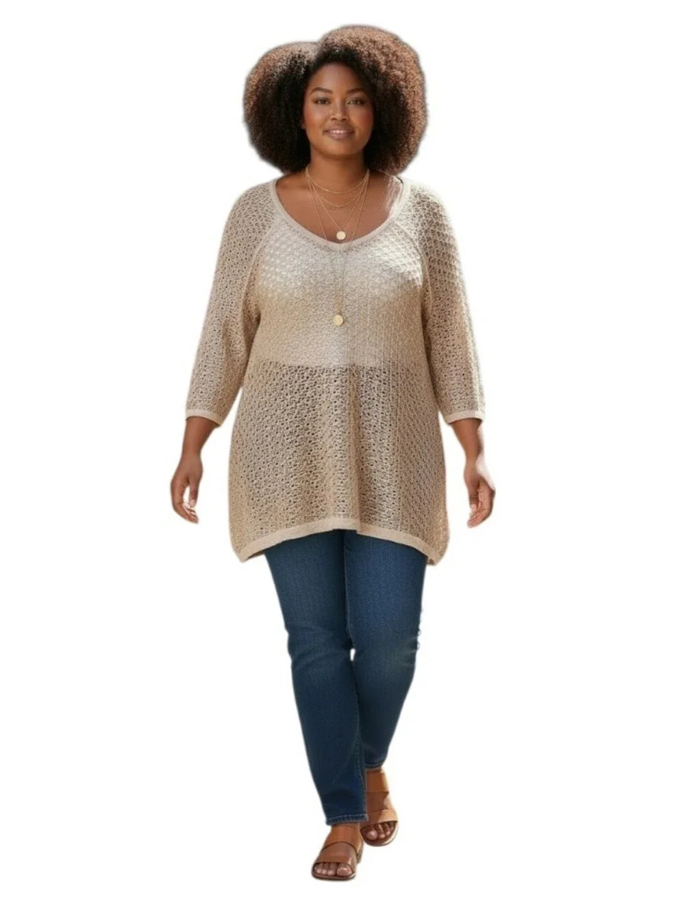 Free People New Romantics Joan of Arc Gold Cream Weave Mesh V-neck Coverup Large - Picture 2 of 12